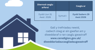 Atgoffa preswylwyr o'r newidiadau i gasgliadau gwastraff ar ddydd Llun Gŵyl y Banc